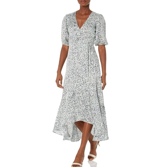 Club Monaco High-Low Easy Midi Wrap Dress in Abstract Polka Dot Print, Size 10 - Picture 1 of 16